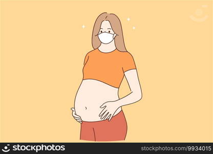 Pregnancy during CIVID-19 outbreak concept. Young pregnant woman mother cartoon character wearing medical protection face mask standing and embracing her tummy vector illustration. Pregnancy during CIVID-19 outbreak concept