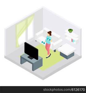 Pregnancy Fitness Illustration . Pregnancy fitness with woman doing exercises at home isometric vector illustration