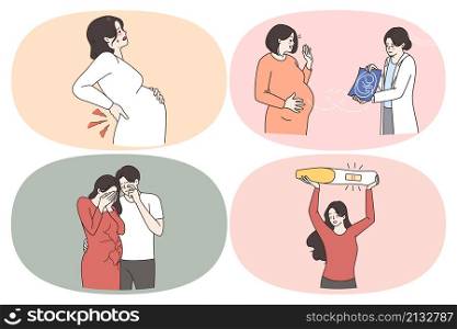Pregnancy healthcare and support concept. Set of pregnant woman feeling pain in back looking at ultrasound from doctor crying after losing baby feeling happy knowing of pregnancy vector illustration. Pregnancy healthcare and support concept