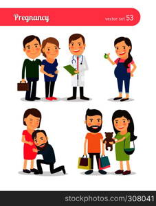 Pregnancy. Healthy eating and seeing doctor, shopping. Expecting mother daily routine. Vector illustration.. Pregnancy. Healthy eating and seeing doctor