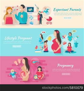 Pregnancy horizontal banner set with parents and babies flat elements isolated vector illustration. Pregnancy Banner Set