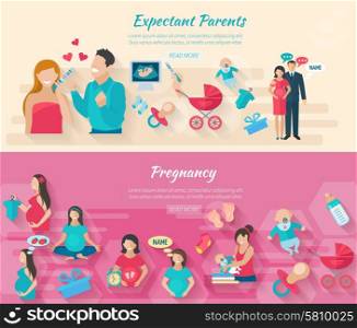 Pregnancy horizontal banner set with parents and childbirth flat elements isolated vector illustration. Pregnancy Banner Set