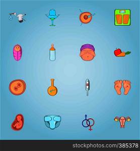 Pregnancy icons set. Cartoon illustration of 16 pregnancy vector icons for web. Pregnancy icons set, cartoon style
