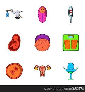Pregnancy icons set. Cartoon illustration of 9 pregnancy vector icons for web. Pregnancy icons set, cartoon style