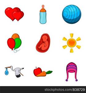Pregnancy icons set. Cartoon set of 9 pregnancy vector icons for web isolated on white background. Pregnancy icons set, cartoon style