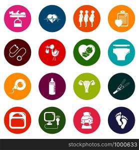 Pregnancy icons set vector colorful circles isolated on white background . Pregnancy icons set colorful circles vector