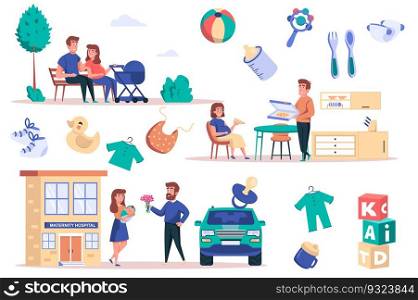 Pregnancy isolated elements set. Bundle of mom and dad with newborn sitting in park, pregnant woman eating pizza, childbirth in hospital. Creator kit for vector illustration in flat cartoon design