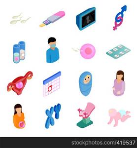 Pregnancy isometric 3d icons set isolated on white background. Pregnancy isometric 3d icons set