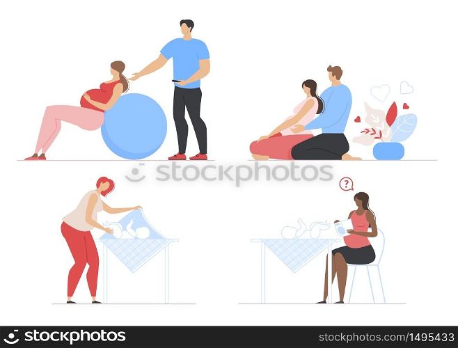 Pregnancy, Maternity and Parenting Scenes Flat Set. Mother Caring for Infant Newborn Baby Bundle. Pregnant Woman Wife and Man Husband Kit. Daily Activities and Fitness. Cartoon Vector Illustration. Pregnancy, Maternity and Parenting Scenes Flat Set