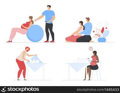 Pregnancy, Maternity and Parenting Scenes Flat Set. Mother Caring for Infant Newborn Baby Bundle. Pregnant Woman Wife and Man Husband Kit. Daily Activities and Fitness. Cartoon Vector Illustration. Pregnancy, Maternity and Parenting Scenes Flat Set