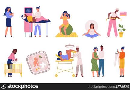 Pregnancy, maternity, childbirth, pregnant woman and newborn baby scenes. Pregnant woman daily activity, newborn baby care vector illustration set. Motherhood scenes, Character meditating. Pregnancy, maternity, childbirth, pregnant woman and newborn baby scenes. Pregnant woman daily activity, newborn baby care vector illustration set. Motherhood scenes