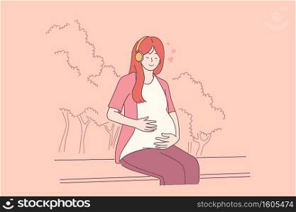 Pregnancy, mother and baby concept. Young smiling asian pregnant mother sitting on bench and listening to music hugging belly expecting for baby vector illustration . Pregnancy, mother and baby concept
