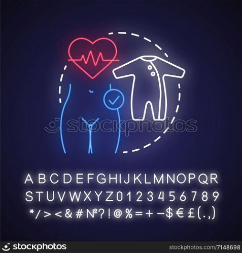 Pregnancy neon light concept icon. Maternity idea. Prenatal care, women healthcare. Fertility, reproductive system. Glowing sign with alphabet, numbers and symbols. Vector isolated illustration