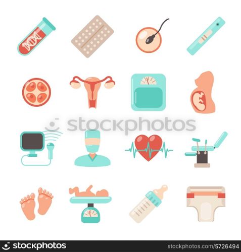 Pregnancy newborn icons set with parenthood women and child care isolated vector illustration