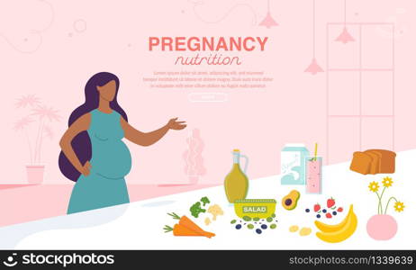 Pregnancy Nutrition and Healthy Diet Advertising Poster. Online Order and Delivery Food for Pregnant Women. Afro-American Lady with Belly Standing near Table with Fresh Ingredients, Drinks