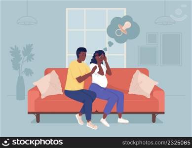 Pregnancy panic attack flat color vector illustration. Expecting child anxiety. Reassuring husband. Woman afraid of having baby 2D simple cartoon characters with living room on background. Pregnancy panic attack flat color vector illustration