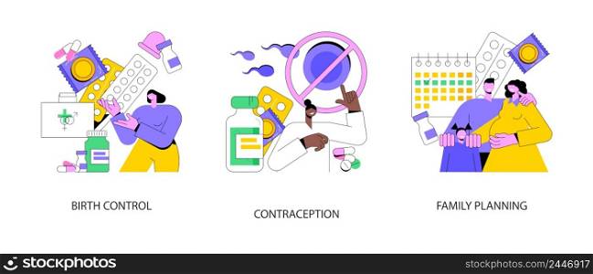 Pregnancy planning abstract concept vector illustration set. Birth control, contraception and family planning, gynecologist visit, become parents, hormonal contraception abstract metaphor.. Pregnancy planning abstract concept vector illustrations.