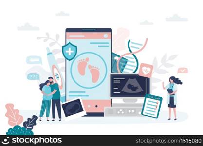 Pregnancy planning and monitoring application on smartphone screen. Medical signs and icons. Prenatal health care concept. Pregnancy woman with boyfriend and female doctor. Trendy vector illustration