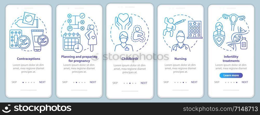 Pregnancy planning and prenatal care blue onboarding mobile app page screen vector template. Women healthcare. Walkthrough website steps with linear icons. UX, UI, GUI smartphone interface concept