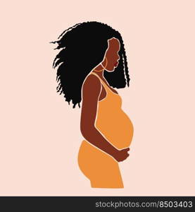 Pregnancy. Pregnant african black skin woman touching her belly. Motherhood. Happy Mother s Day. Paper cut mosaic style.Pretty women with tummy. Hand drawn vector contemporary abstract illustration