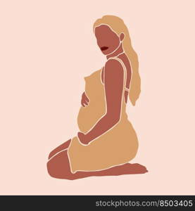 Pregnancy. Pregnant woman sits and touching her belly. Motherhood. Happy Mother s Day. Paper cut mosaic style.Pretty women with tummy. Hand drawn vector contemporary abstract illustration