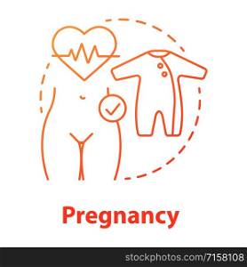 Pregnancy red gradient concept icon. Maternity idea thin line illustration. Prenatal care, women healthcare. Fertility, reproductive system. Baby clothes. Vector isolated outline drawing