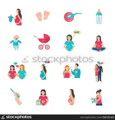 Pregnancy reproduction and childbirth icons flat set isolated vector illustration. Pregnancy Icons Flat