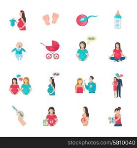 Pregnancy reproduction and childbirth icons flat set isolated vector illustration. Pregnancy Icons Flat