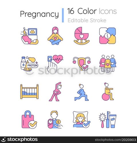 Pregnancy RGB color icons set. Physical and mental health. Expectant woman. Moms community. Workout exercise. Isolated vector illustrations. Simple filled line drawings collection. Editable stroke. Pregnancy RGB color icons set