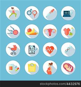 Pregnancy Round Icons Set . Pregnancy round shadow icons set with medical care symbols on blue background flat isolated vector illustration