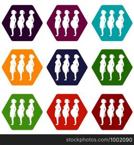 Pregnancy stage icons 9 set coloful isolated on white for web. Pregnancy stage icons set 9 vector
