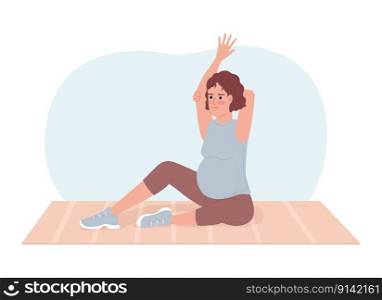 Pregnancy stretches for back pain relieving 2D vector isolated spot illustration. Pregnant woman on yoga mat flat character on cartoon background. Colorful editable scene for mobile, website, magazine. Pregnancy stretches for back pain relieving 2D vector isolated spot illustration