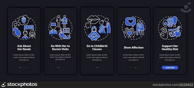 Pregnancy support onboarding mobile app page screen. Care about healthy diet walkthrough 5 steps graphic instructions with concepts. UI, UX, GUI vector template with linear night mode illustrations. Pregnancy support onboarding mobile app page screen