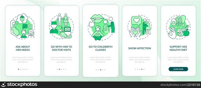 Pregnancy support onboarding mobile app page screen. Go to doctor visits walkthrough 5 steps graphic instructions with concepts. UI, UX, GUI vector template with linear color illustrations. Pregnancy support onboarding mobile app page screen
