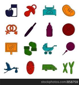 Pregnancy symbols icons set. Doodle illustration of vector icons isolated on white background for any web design. Pregnancy symbols icons doodle set