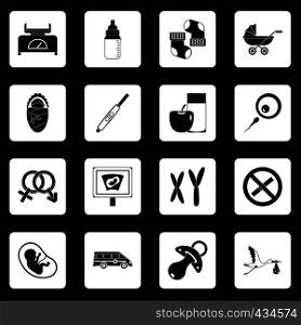Pregnancy symbols icons set in white squares on black background simple style vector illustration. Pregnancy symbols icons set squares vector
