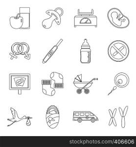 Pregnancy symbols icons set. Outline illustration of 16 pregnancy symbols vector icons for web. Pregnancy symbols icons set, outline style