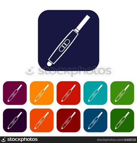 Pregnancy test with positive pregnant icons set vector illustration in flat style In colors red, blue, green and other. Pregnancy test with positive pregnant icons set