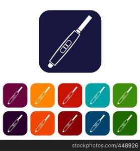 Pregnancy test with positive pregnant icons set vector illustration in flat style In colors red, blue, green and other. Pregnancy test with positive pregnant icons set