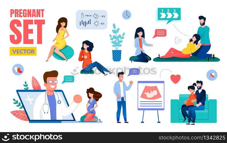 Pregnancy Time, Childbirth Waiting Trendy Flat Vector Concepts Set. Pregnant Woman Doing Physical Exercises, Communicating with Doctor Online, Visiting Lectures, Seminars with Husband Illustrations