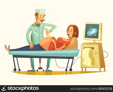 Pregnancy Ultrasound Screening Retro Cartoon Illustration. Late pregnancy ultrasound screening for birth weight prediction and fetal hart rate monitoring retro cartoon vector illustration