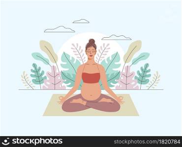 Pregnancy woman meditation. Yoga lifestyle, childbirth preparation, female relax in lotus pose, leaves and flowers on background, future mom calm and pacification. Vector cartoon isolated concept. Pregnancy woman meditation. Yoga lifestyle, childbirth preparation, female relax in lotus pose, leaves on background, future mom calm and pacification. Vector cartoon isolated concept