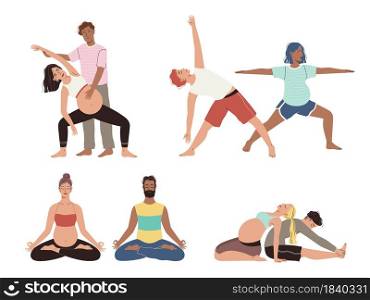 Pregnancy yoga couple. Happy future parents different asana poses, healthy family stretch and meditation exercise, husband and wife preparing for child birth. Vector cartoon flat style isolated set. Pregnancy yoga couple. Happy future parents different asana poses, healthy family stretch and meditation exercise, husband and wife preparing for child birth. Vector cartoon isolated set