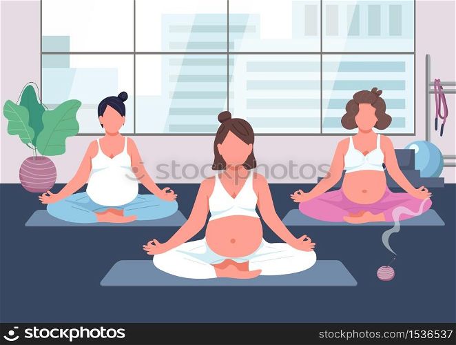 Pregnancy yoga group flat color vector illustration. Prenatal exercise class. Woman with baby belly meditate. Young mother relax. Pregnant 2D cartoon characters with interior on background. Pregnancy yoga group flat color vector illustration