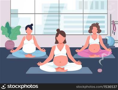 Pregnancy yoga group flat color vector illustration. Prenatal exercise class. Woman with baby belly meditate. Young mother relax. Pregnant 2D cartoon characters with interior on background. Pregnancy yoga group flat color vector illustration