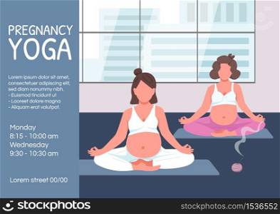 Pregnancy yoga poster flat vector template. Expecting mother meditate in lotus pose. Brochure, booklet one page concept design with cartoon characters. Prenatal training flyer, leaflet. Pregnancy yoga poster flat vector template