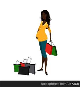 Pregnant african american woman with shopping bags,isolated on white background,cartoon vector illustration. Pregnant african american woman with shopping bags