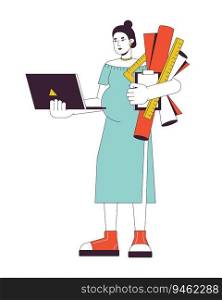 Pregnant architect woman with drawings flat line concept vector spot illustration. Woman holding laptop 2D cartoon outline character on white for web UI design. Editable isolated color hero image. Pregnant architect woman with drawings flat line concept vector spot illustration