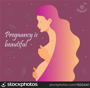 Pregnant attractive woman with long hair is smiling. Pregnant is beautiful. Floral background. Procreation cartoon concept vector for banner, web, flyer, app. Mother s day illustration. Pregnant attractive woman with long hair is smiling. Pregnant is beautiful. Floral background.