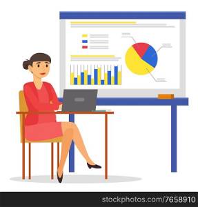 Pregnant boss or businesswoman working on data analysis or information inputting. Expectant mother with laptop and whiteboard with charts. Infocharts on smartboard for presentation vector in flat. Pregnant Woman Working on Data Analysis Vector